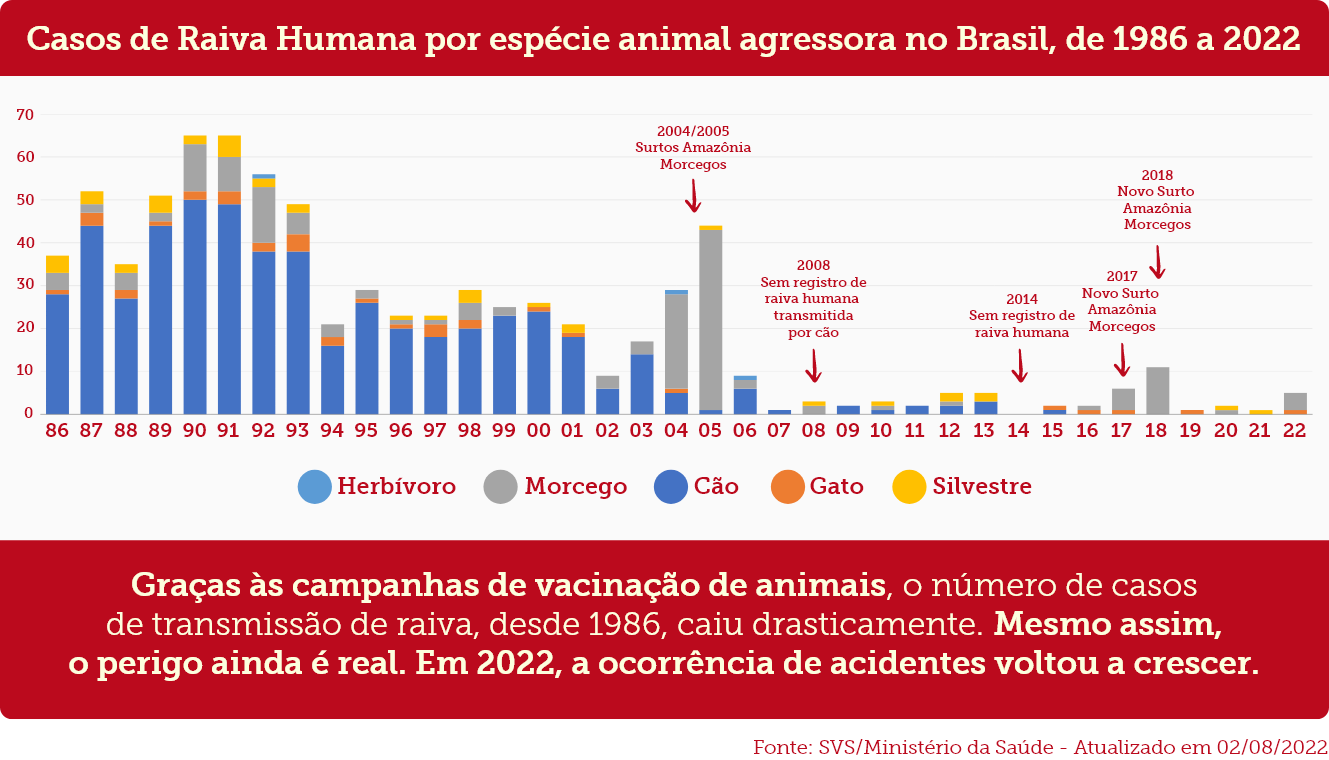 Casos de Raiva Humana por espécie animal agressora no Brasil, de 1986 a 2022